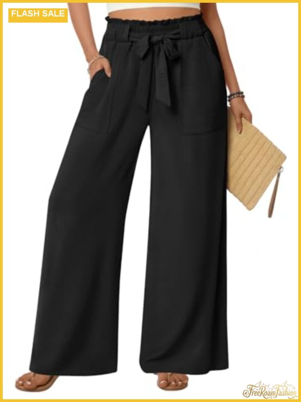 Women's Wide Leg Palazzo Pants Flowy High Waist Elastic Waist Pockets